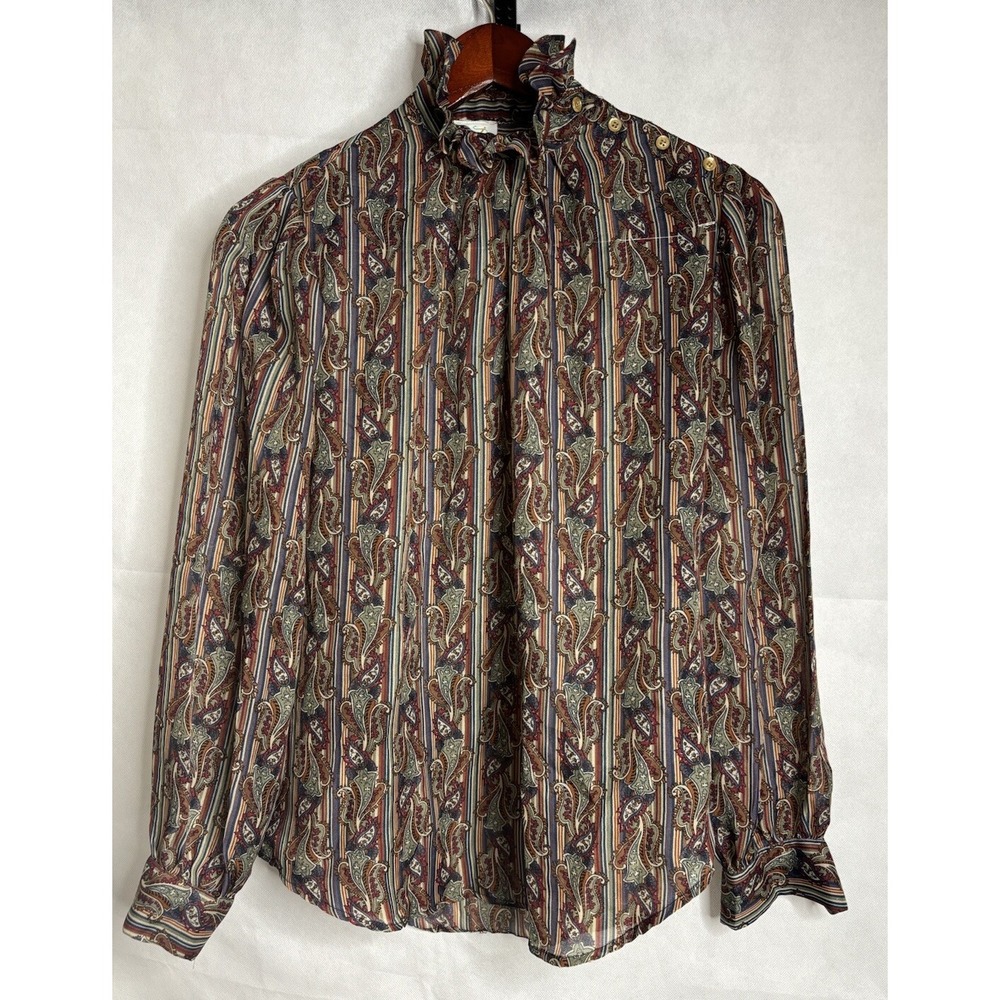 Bethany Blouse Womens *S Top Ruffle Mock Neck Paisley Vintage 80s Secretary Geek